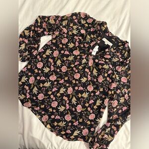 Loft Floral Black Blouse with Ruffle Detail on Sleeves